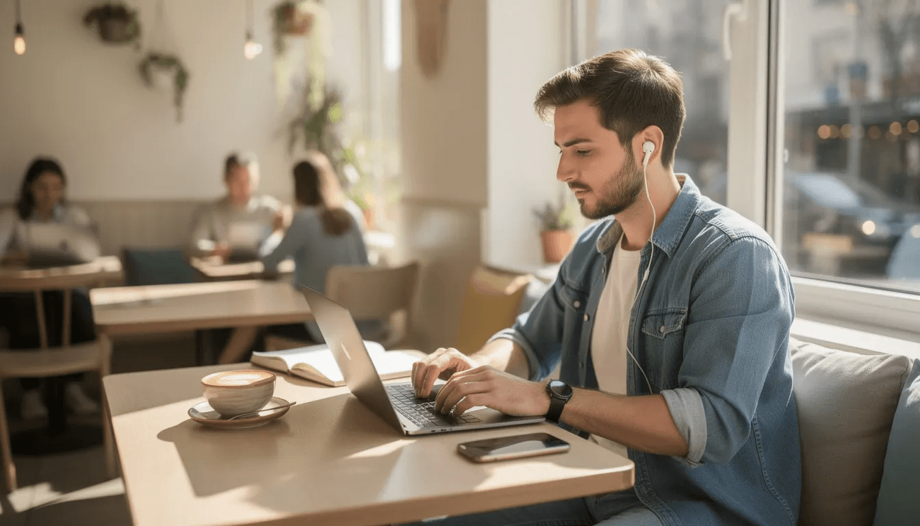 Ein digitaler Nomade arbeitet an seinem Laptop in einem hellen Café.