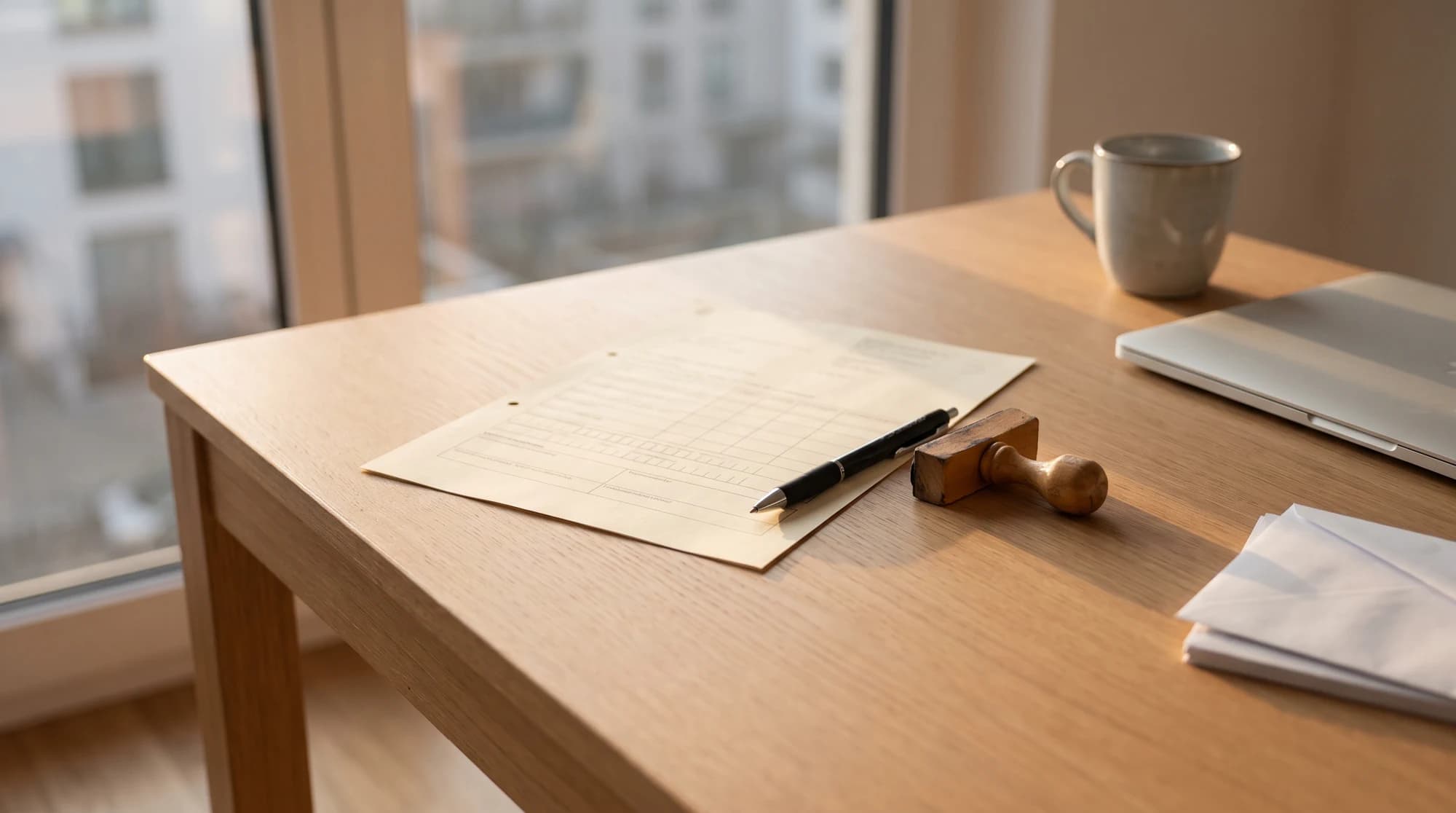 Gewerbeanmeldungs-Formular mit Kugelschreiber und Stempel auf einem Schreibtisch am Fenster