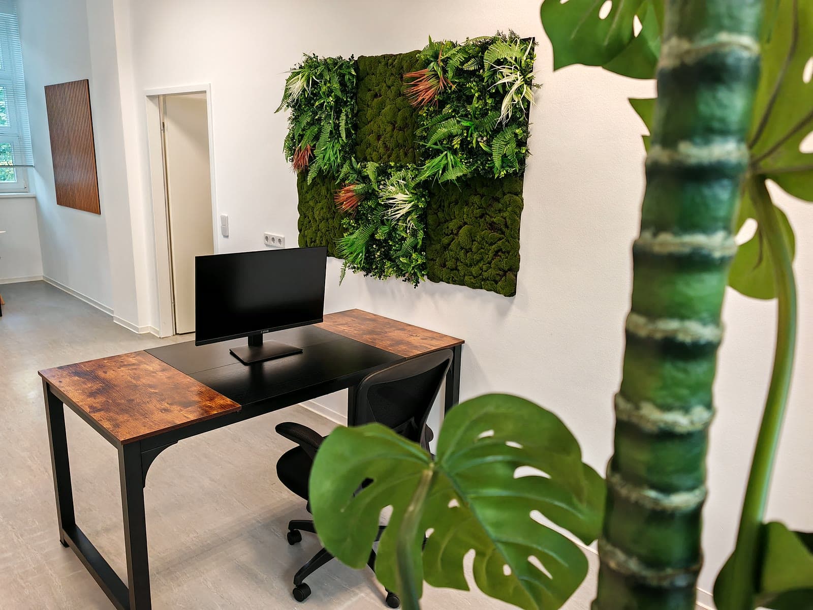 Arbeitsplatz mit begrünter Mooswand am Berliner Standort in der Wuhlestraße 7a